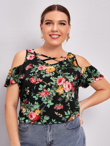 Plus Crisscross Cold Shoulder Floral Tee