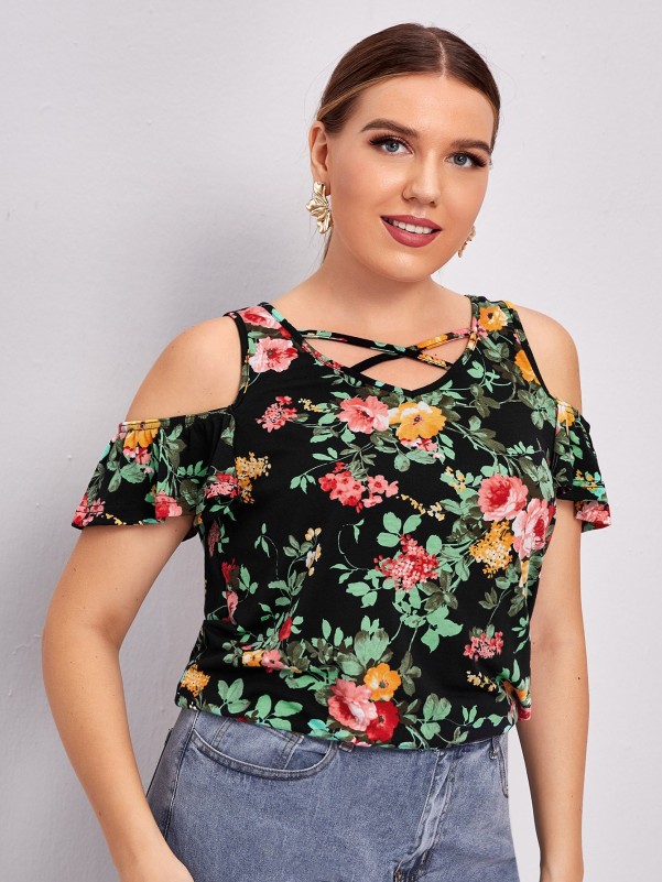 Plus Crisscross Cold Shoulder Floral Tee