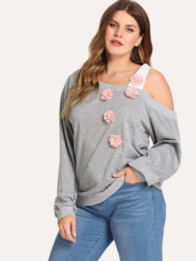 Plus Flower Decoration Asymmetrical Shoulder Sweatshirt