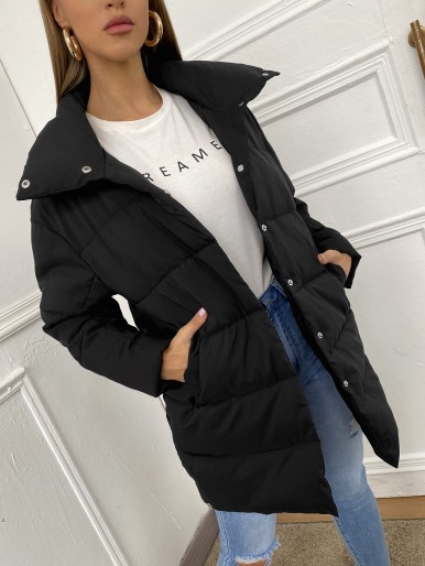 Solid Button Up Puffer Coat