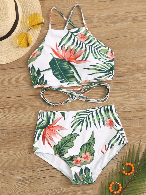 Random Tropical Crisscross High Waisted Bikini Swimsuit