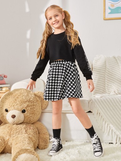 Girls Houndstooth High Waist Skirt