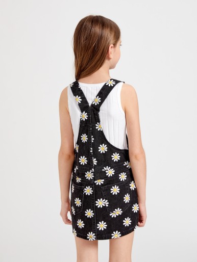 Girls Daisy Print Pocket Front Denim Overall Dress