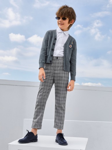 Boys Buttoned Front Cuffed Plaid Pants