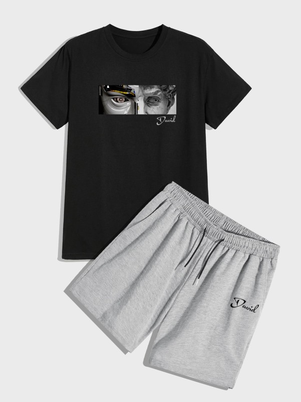 Men Figure & Letter Graphic Tee With Shorts