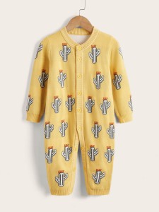 Baby Cactus Pattern Button Front Knit Jumpsuit