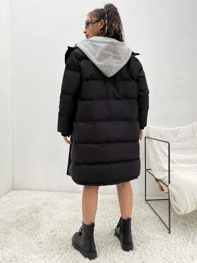 Color Block Zipper Hooded 2 In 1 Puffer Coat