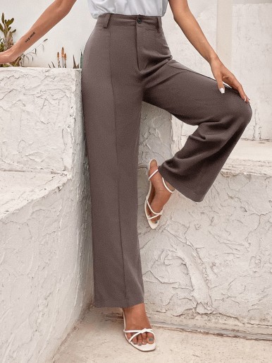 Solid Button Fly Straight Leg Tailored Pants