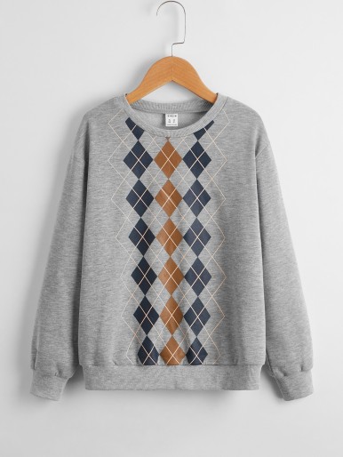 Boys Argyle Print Drop Shoulder Sweatshirt