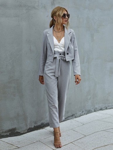 Cropped Blazer & Belted High-Rise Tailored Pants Set