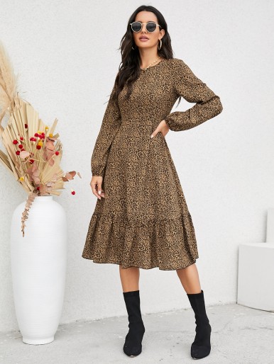 Leopard Print Ruffle Hem A-line Dress