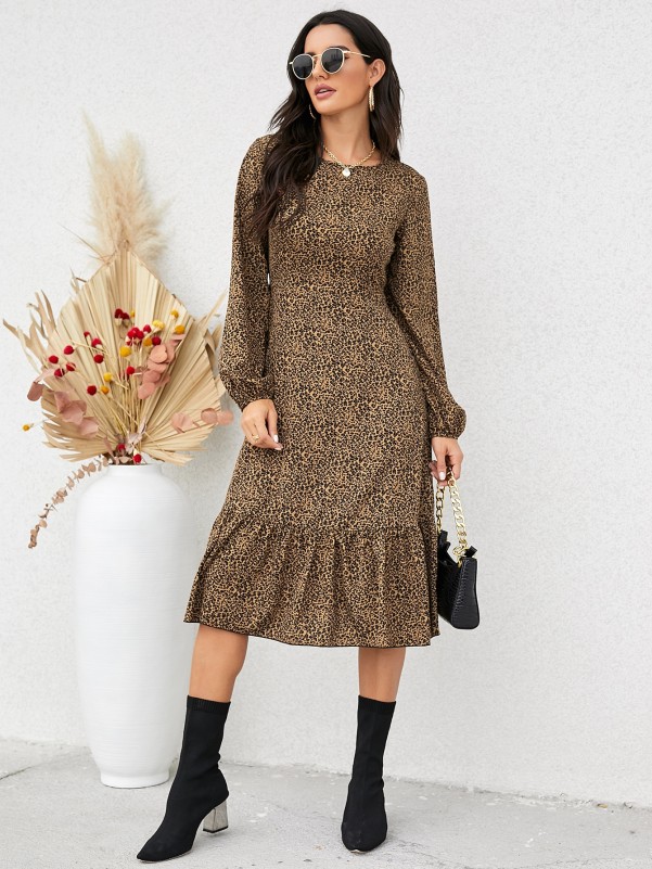 Leopard Print Ruffle Hem A-line Dress