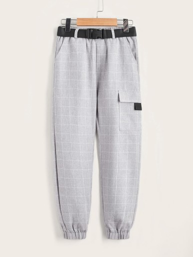 Boys Plaid Pocket Side Pants With Belt