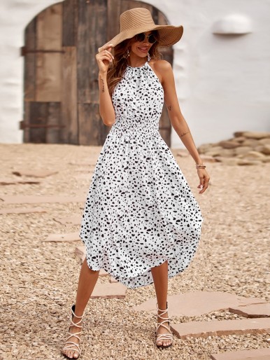 Dalmatian Shirred Curved Hem Halter Dress