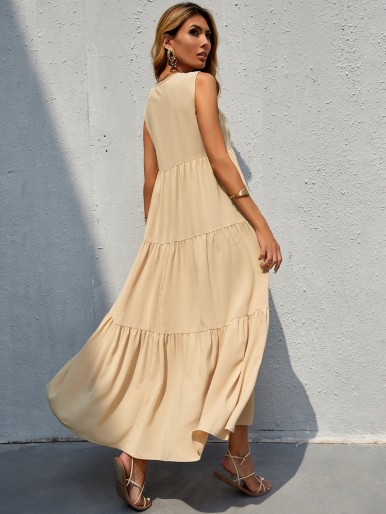 V-neck Ruffle Hem Solid Dress