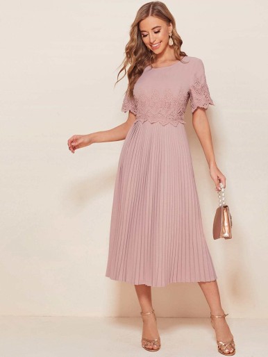 Guipure Lace Accordion Pleated Midi Dress