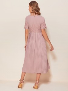 Guipure Lace Accordion Pleated Midi Dress