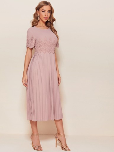 Guipure Lace Accordion Pleated Midi Dress