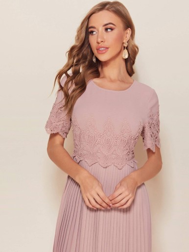 Guipure Lace Accordion Pleated Midi Dress