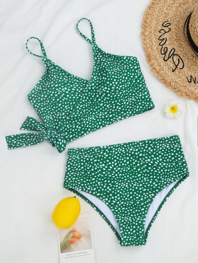 Dalmatian Knot Waist High Waisted Bikini Swimsuit