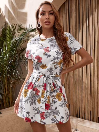 Self Belted Floral Print Dress