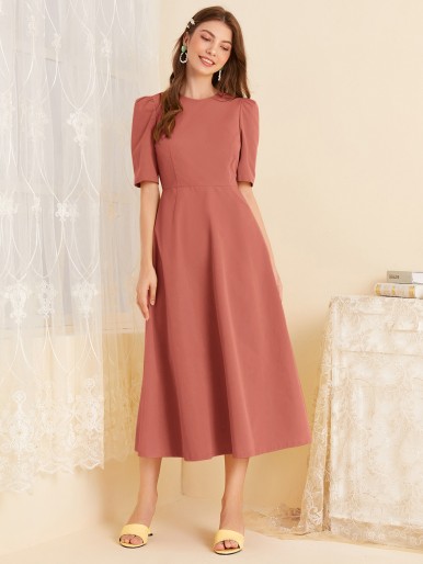 Puff Sleeve Solid A-line Dress