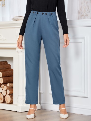 Button Waist Solid Tailored Pants