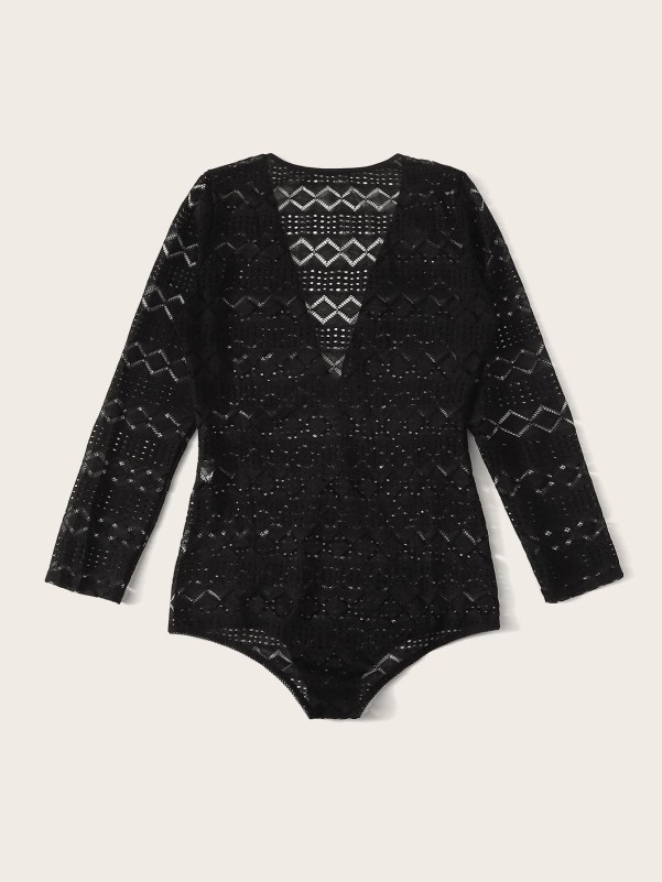 Button Front Long Sleeve Lace Teddy Bodysuit