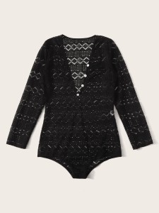 Button Front Long Sleeve Lace Teddy Bodysuit