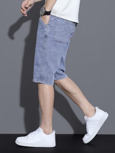 Men Letter Patched Denim Shorts