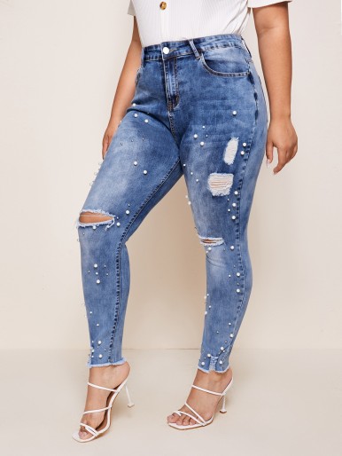 Plus Raw Hem Ripped Pearl Beaded Jeans