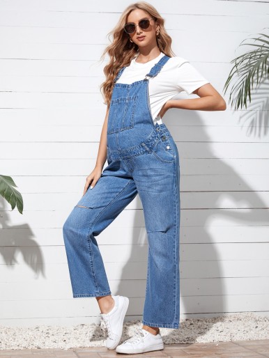 Maternity Pocket Front Ripped Denim Overalls Without Tee