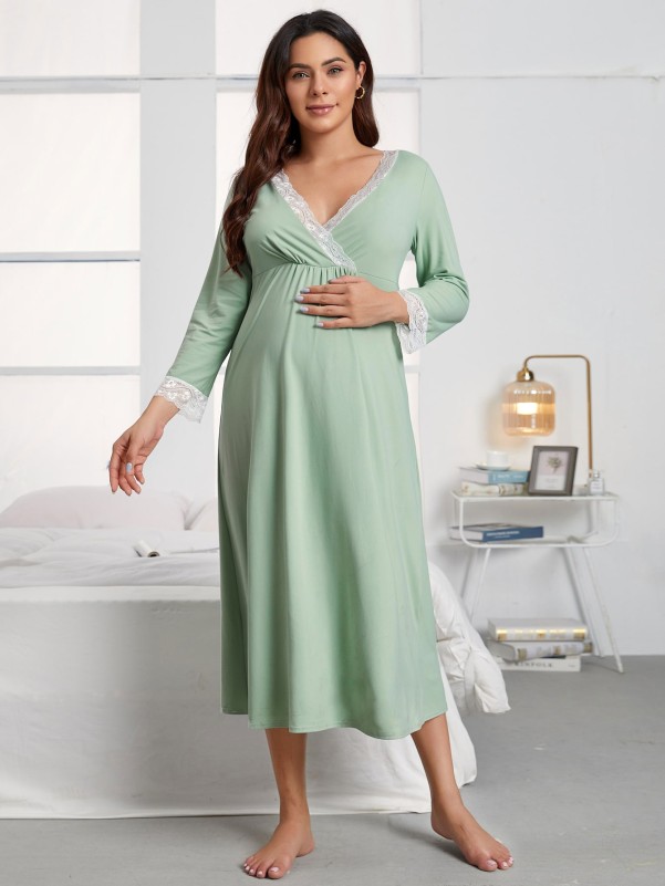 Maternity Contrast Lace Surplice Front Night Dress