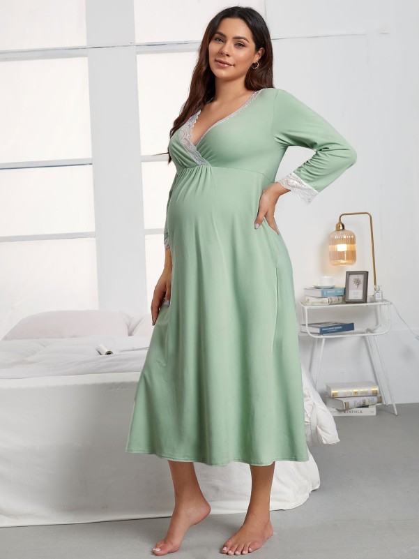 Maternity Contrast Lace Surplice Front Night Dress