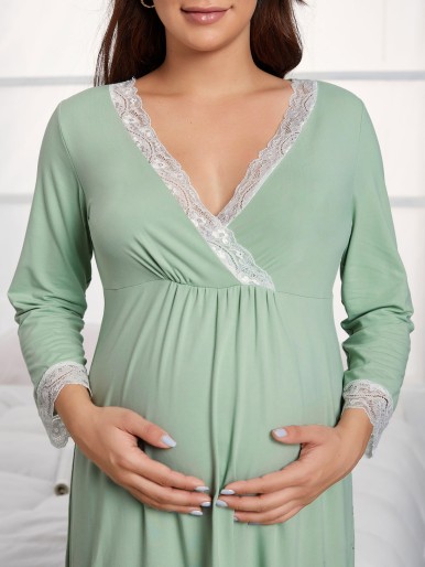 Maternity Contrast Lace Surplice Front Night Dress