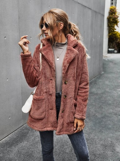 Button Front Double Pocket Teddy Coat