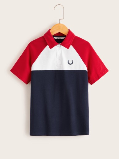 Boys Embroidered Detail Color Block Polo Shirt
