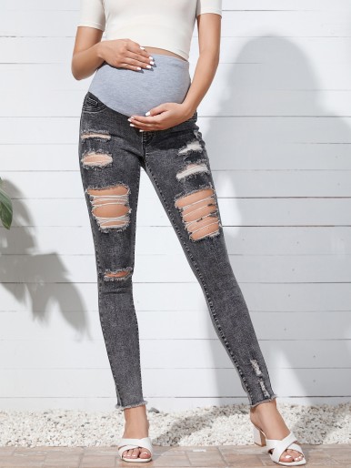 Maternity Ladder Distressed Raw Trim Skinny Jeans