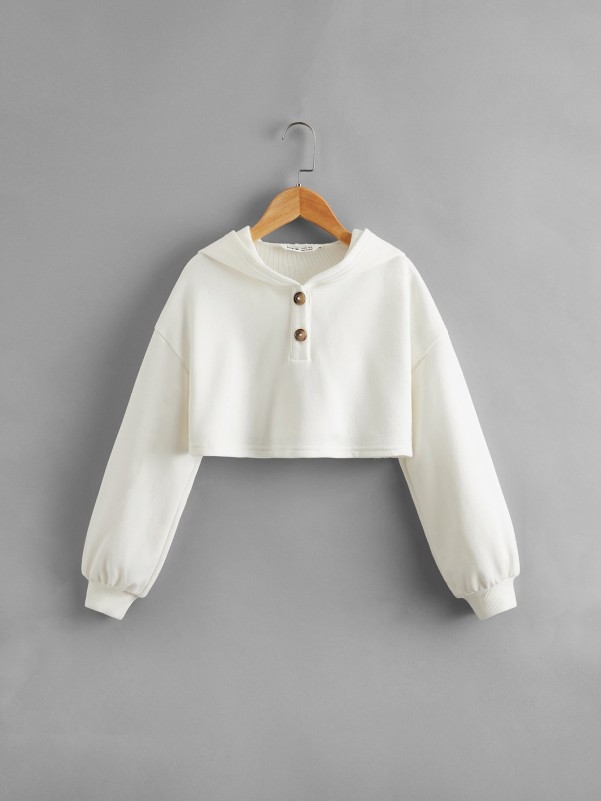 Girls Drop Shoulder Half Button Placket Crop Pullover