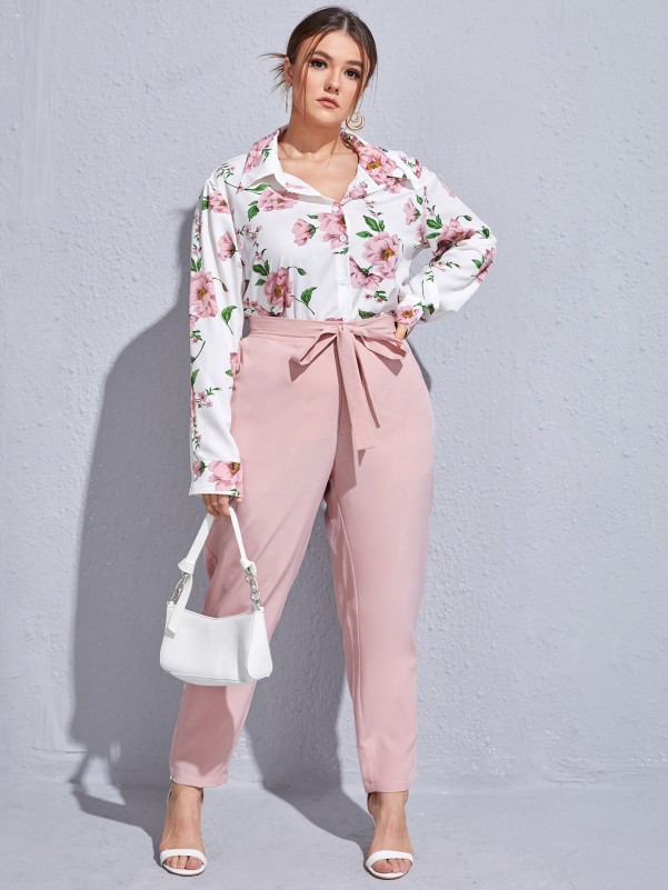 Plus Floral Print Button Front Blouse & Belted Pants