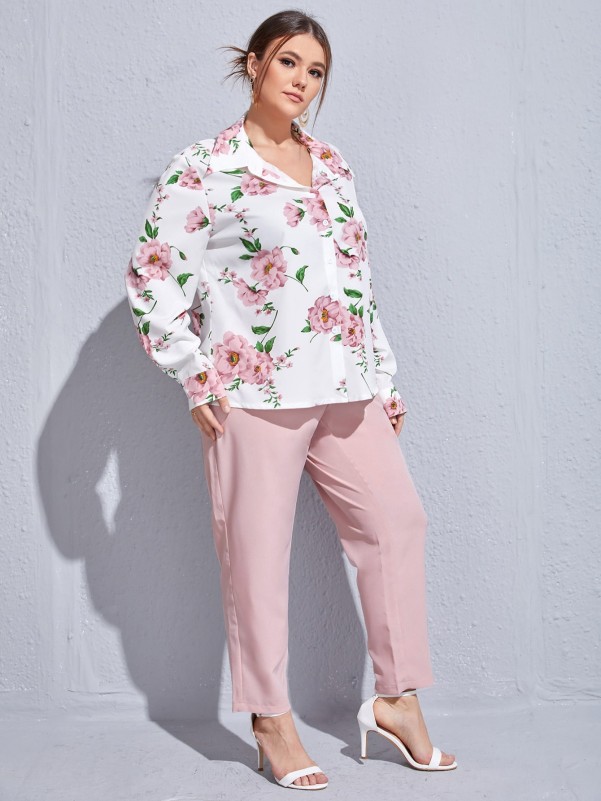 Plus Floral Print Button Front Blouse & Belted Pants