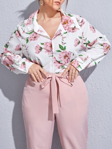 Plus Floral Print Button Front Blouse & Belted Pants