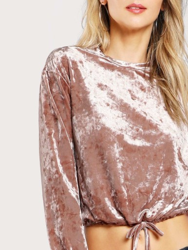 Drawstring Hem Velvet Pullover