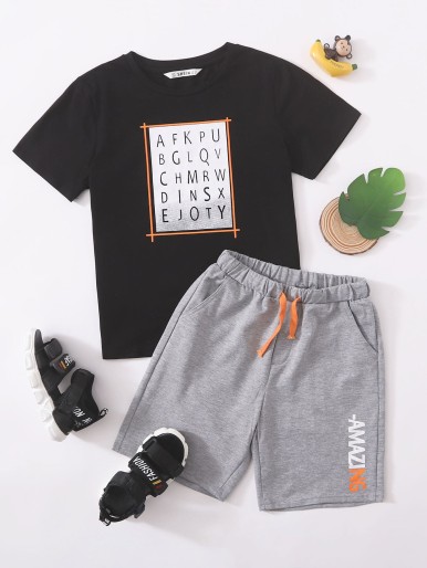 Boys Letter Graphic Top & Drawstring Waist Shorts Set