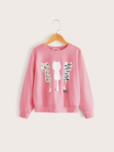 Girls Cat Print Pompom Detail Sweatshirt