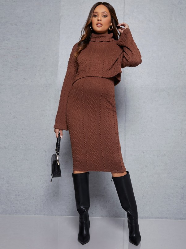 Maternity Solid Bodycon Dress With Turtle Neck Top