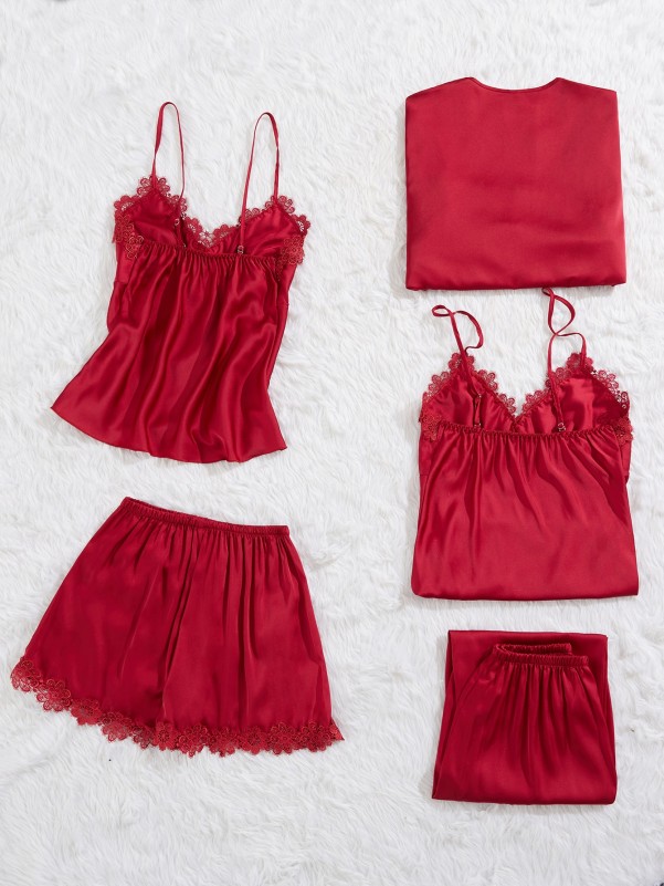 5pcs Lace Panel Satin PJ Set