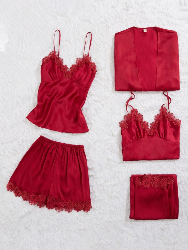 5pcs Lace Panel Satin PJ Set