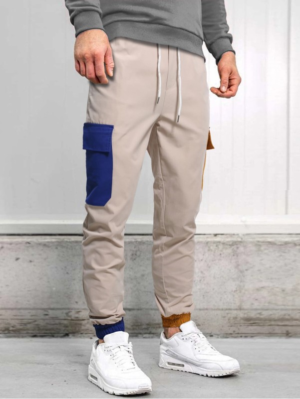 Men Color Block Flap Pocket Drawstring Waist Cargo Pants