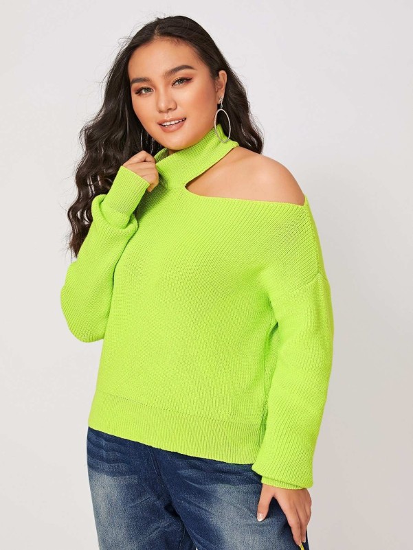 Plus Neon Green Cold Shoulder Mock Neck Sweater